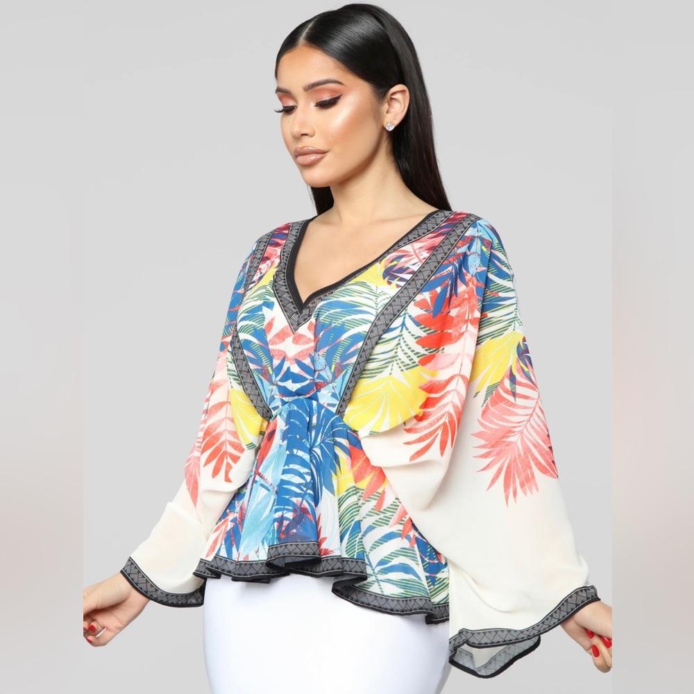 NWT, Fashion Nova, Breezy Baby Tropical Blouse, Size L, Kimono Sleeves, Floral